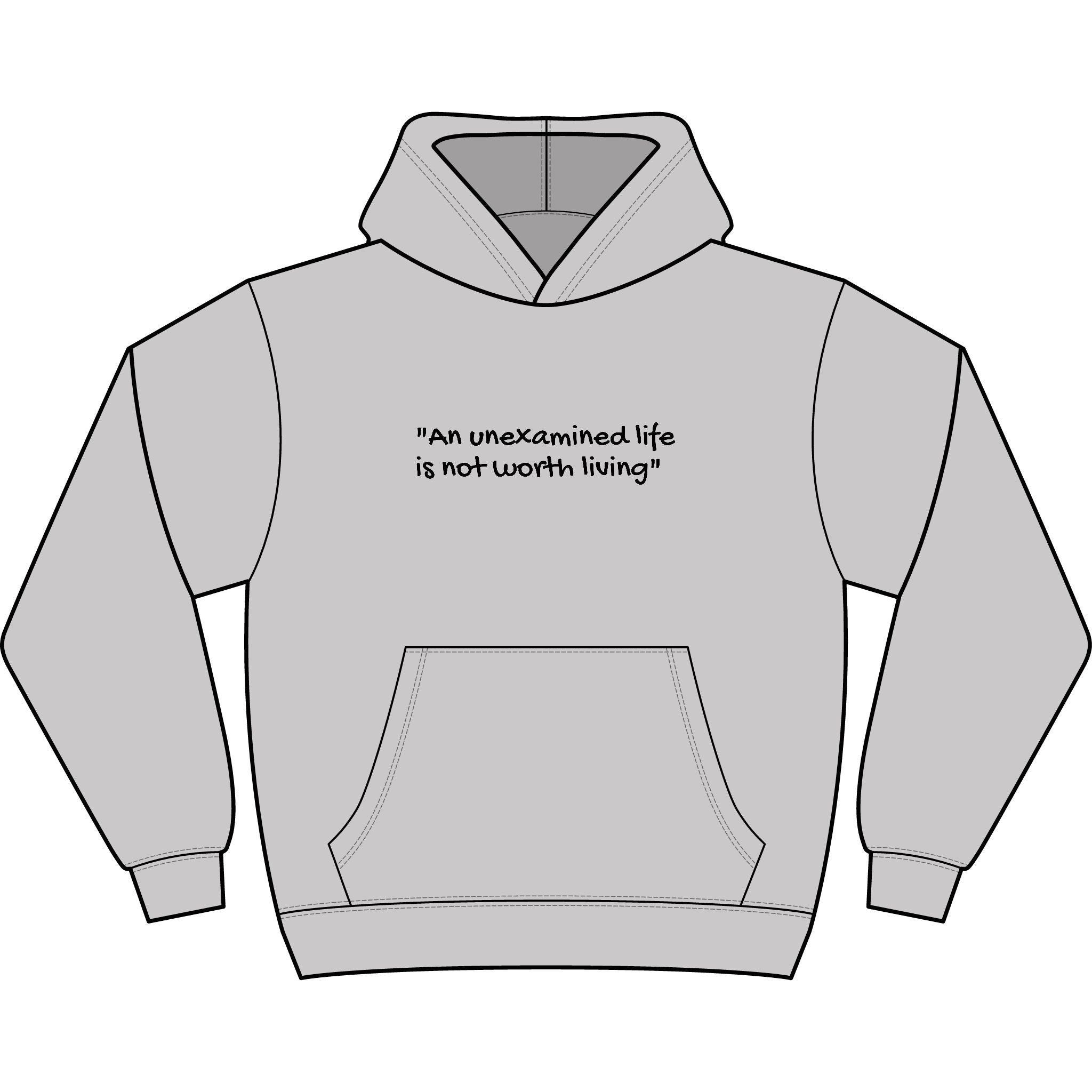 Men's Hoodie — "An Unexamined Life Is Not Worth Living" Front Quote with Angel Spine Back Graphic