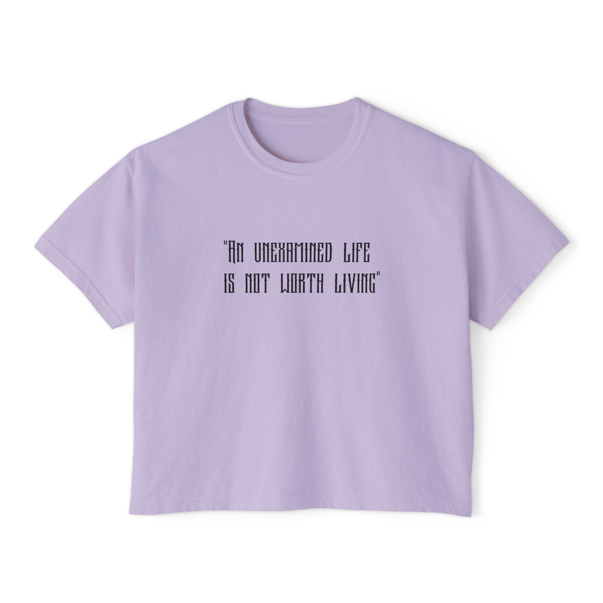 Women's Boxy Tee — Goth Quote "An Unexamined Life Is Not Worth Living" with Tribal Back Graphic