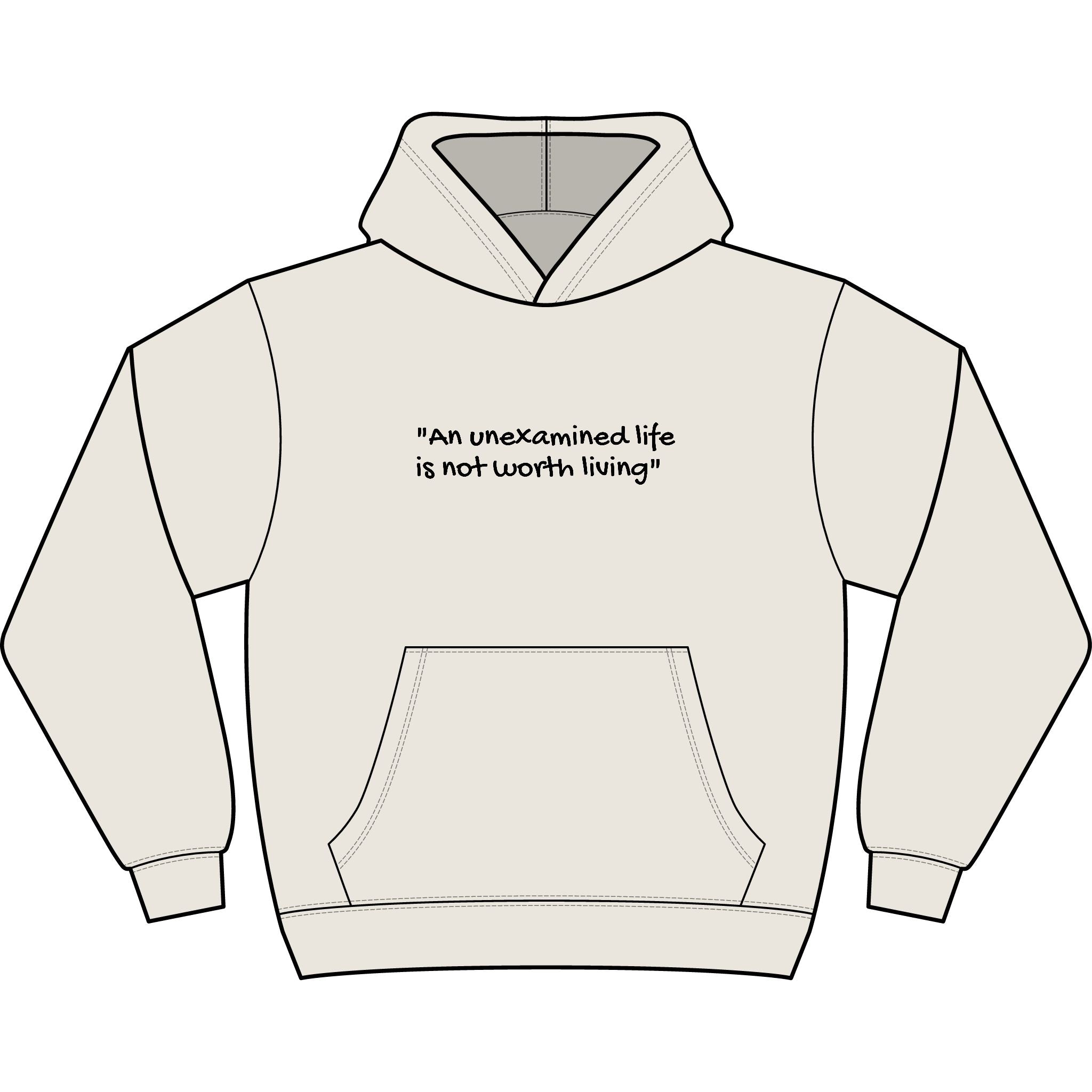 Men's Hoodie — "An Unexamined Life Is Not Worth Living" Front Quote with Angel Spine Back Graphic