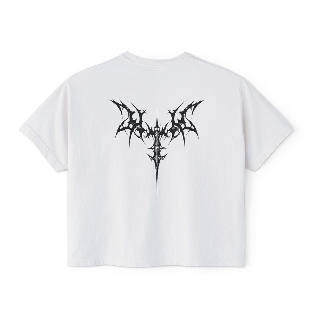 Women's Boxy Tee — Goth Quote "An Unexamined Life Is Not Worth Living" with Tribal Back Graphic