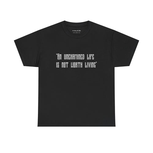 Graphic Tee — “An Unexamined Life Is Not Worth Living” with Gothic Tribal Back Design