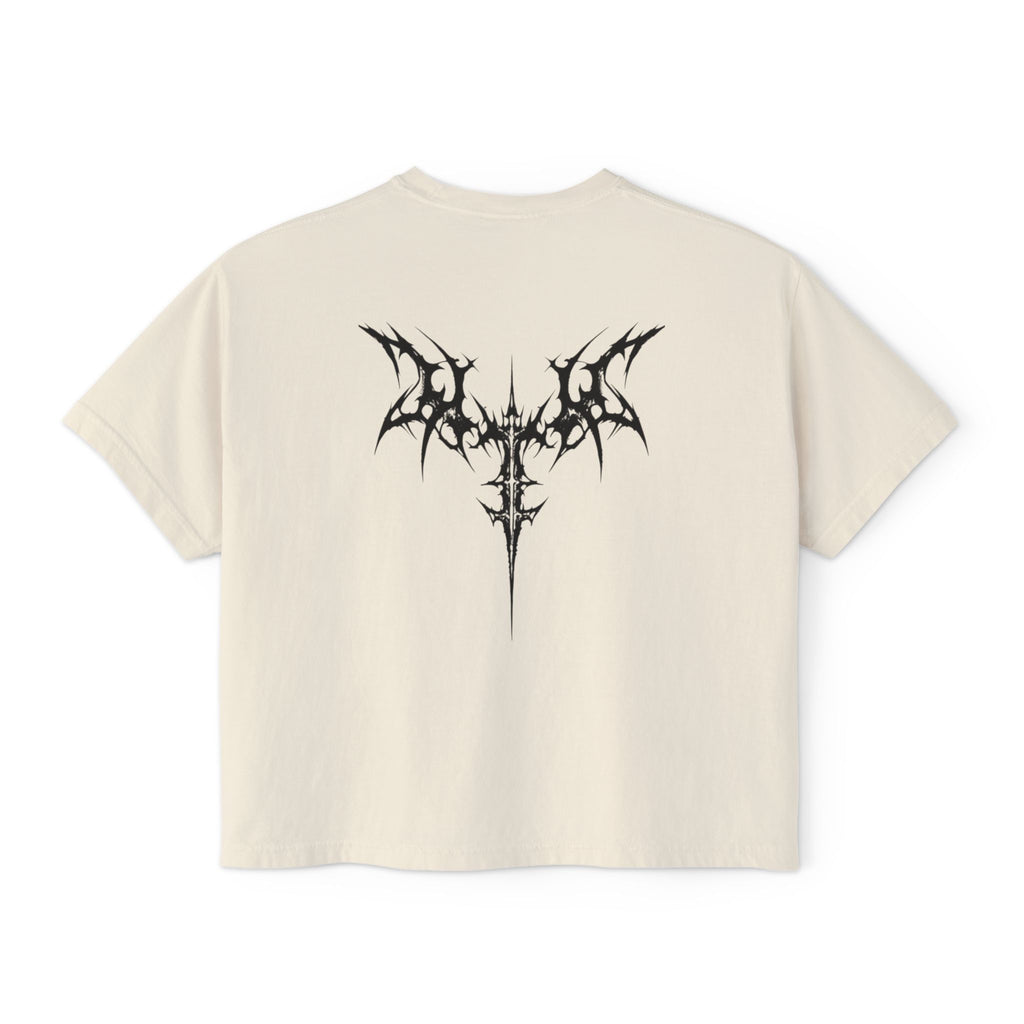 Women's Boxy Tee — Goth Quote "An Unexamined Life Is Not Worth Living" with Tribal Back Graphic