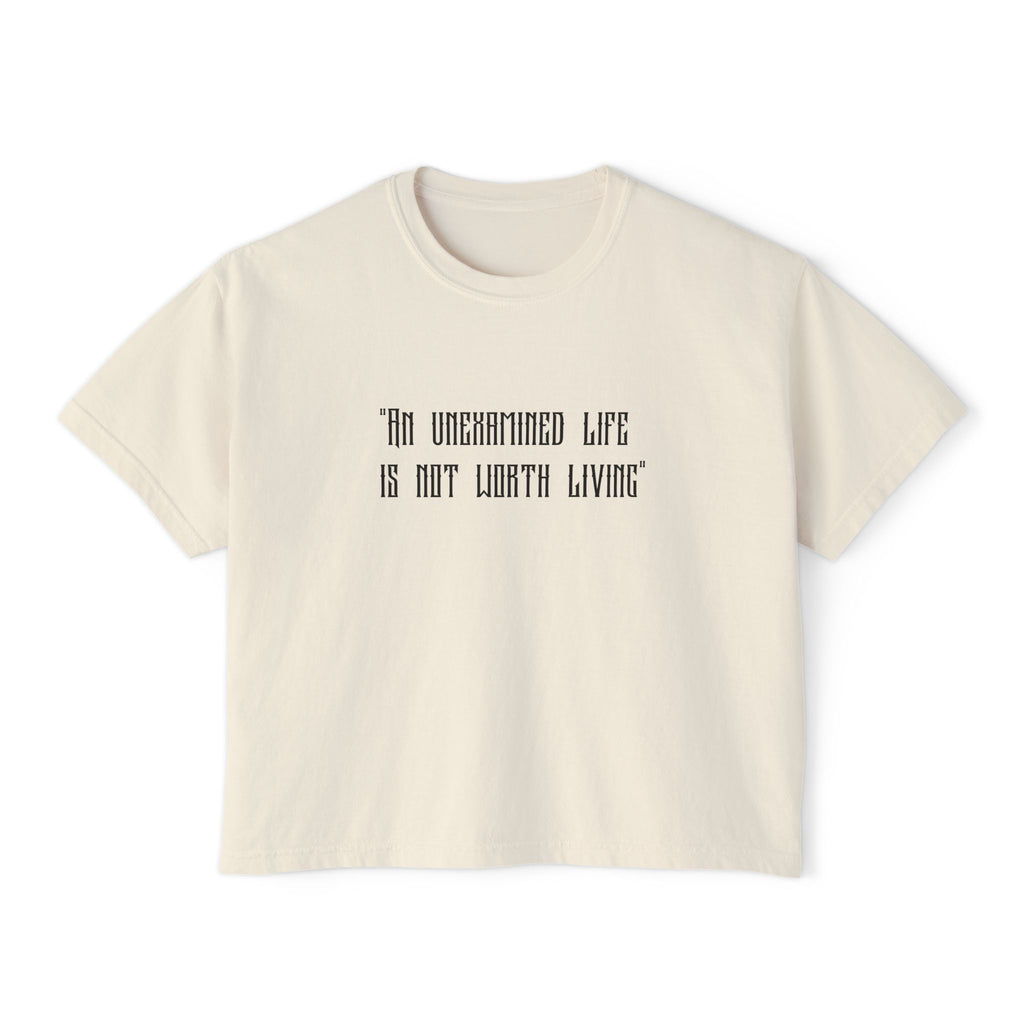 Women's Boxy Tee — Goth Quote "An Unexamined Life Is Not Worth Living" with Tribal Back Graphic