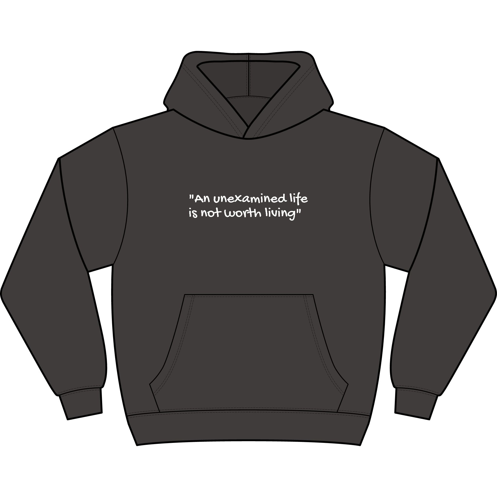 Men's Hoodie — "An Unexamined Life Is Not Worth Living" Front Quote with Angel Spine Back Graphic