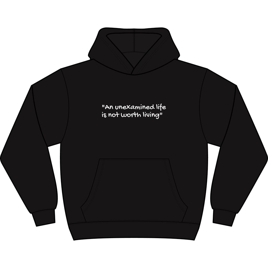 Men's Hoodie — "An Unexamined Life Is Not Worth Living" Front Quote with Angel Spine Back Graphic