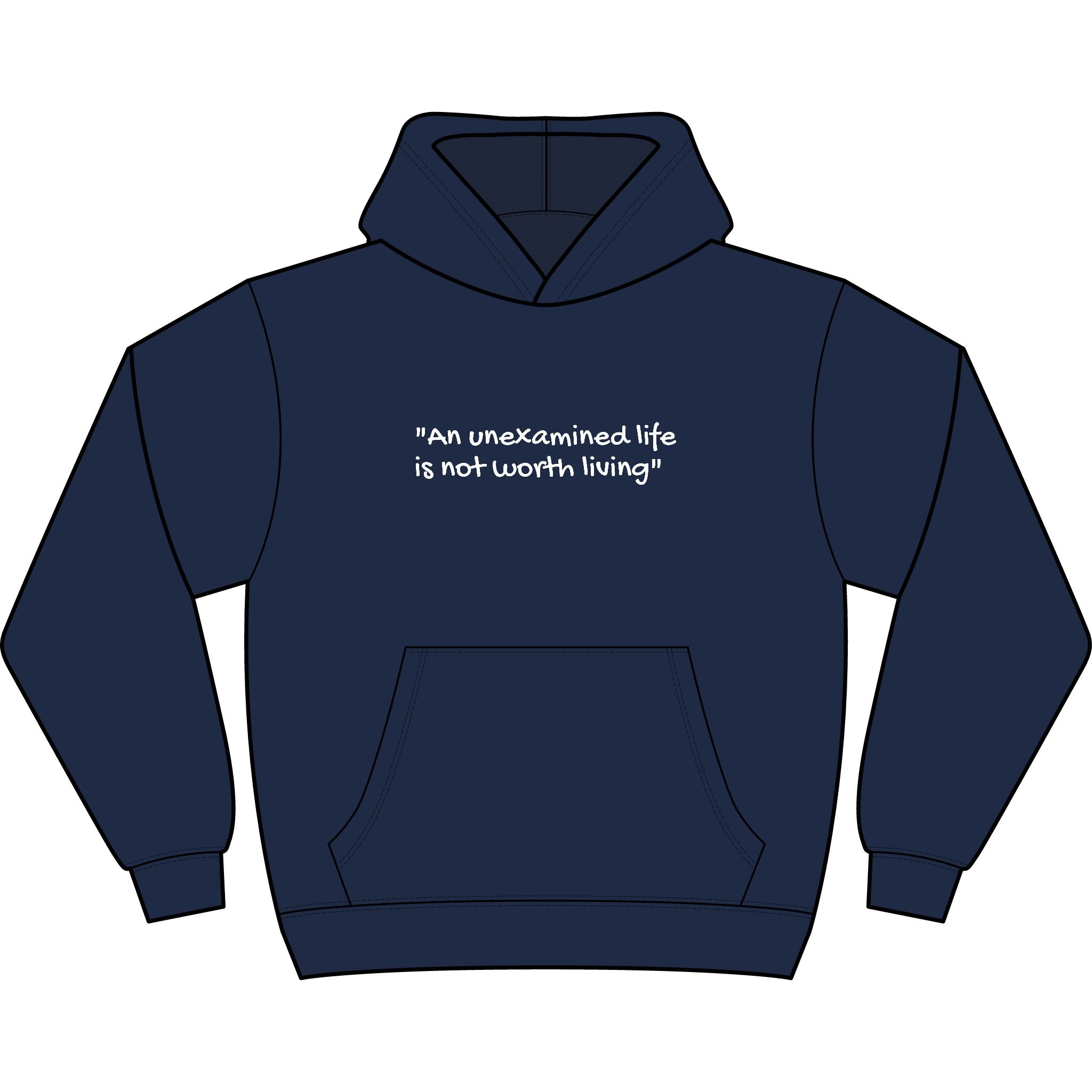Men's Hoodie — "An Unexamined Life Is Not Worth Living" Front Quote with Angel Spine Back Graphic
